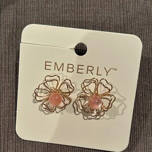EMBERLY Golden Wire Floral Pink Faux Pearl Stud Earrings NWT